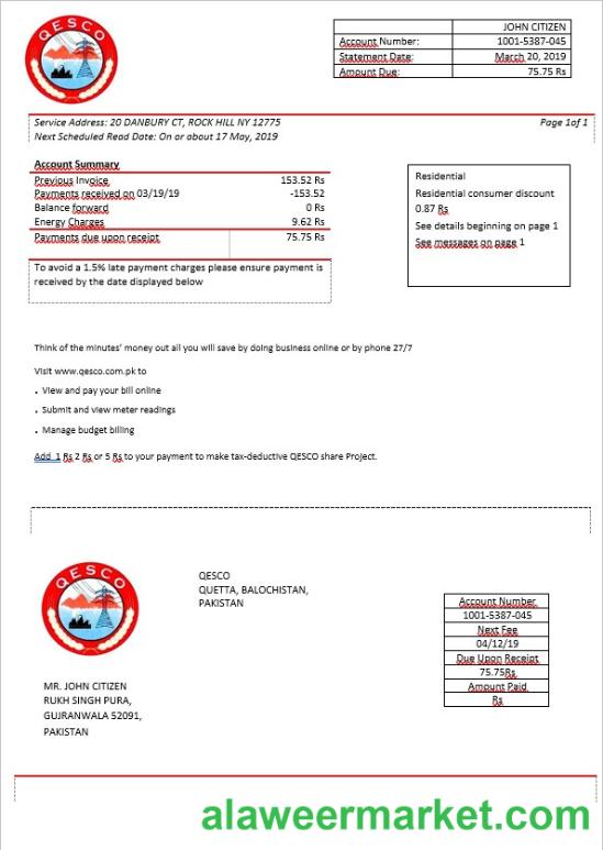 Pakistan Quetta Electric Supply Company electricity bill in Word format